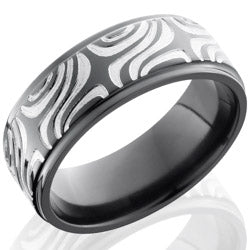 Style 103923: Zirconium 8mm Flat Band with Grooved Edges and Mokume Pattern