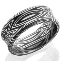 Style 103814: Zebra Patterned Damascus Steel 8mm Concave Band with Beveled Edges