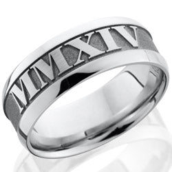 Style 103771: Cobalt Chrome 8mm wide bevel band with customized laser carved Roman Numerals
