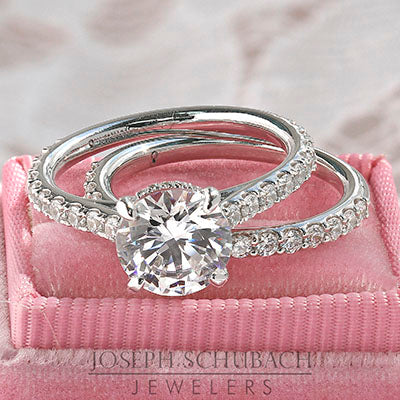 Paris Cathedral Engagement Ringswith Round Pavé Band and Matching Wedding Band