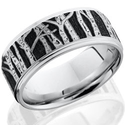 Style 103783: Cobalt Chrome 9mm flat band with grooved edges and laser carved Aspen pattern