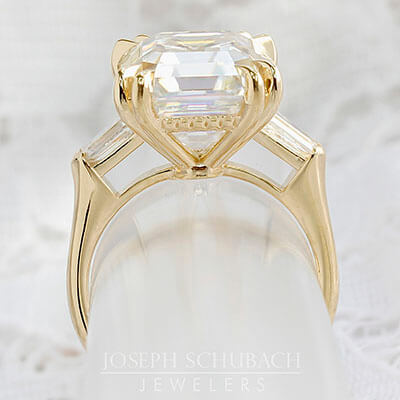 Custom Made Manhattan Three Stone Asscher Cut Engagement Ring with Bullet Side Stones Style 104601