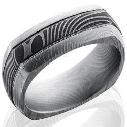 Style 103827: Flat Twist Patterned Damascus Steel 8mm Domed Square Band with Two .5mm Grooves