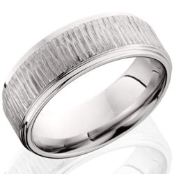 Style 103990: Cobalt Chrome 8mm flat band with grooved edges and a Treebark 1 Brush finish