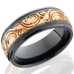 Style 103589: Zirconium 8mm domed band with 4mm Rose Gold inlay with JBA pattern