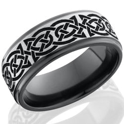 Style 103917: Zirconium 8mm flat band with grooved edges with laser carved Celtic 10 pattern