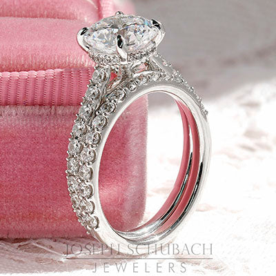 Matching Wedding Band and Paris Cathedral Engagement Ring with Round Pavé Band