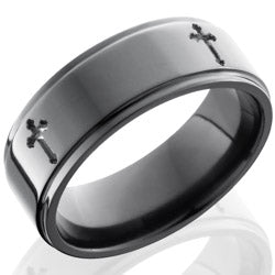 Style 103920: Zirconium 8mm Flat Band with Grooved Edges and Cross Pattern