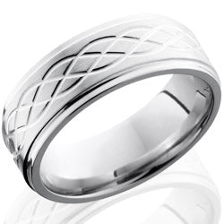 Style 103746: Cobalt Chrome 8mm Flat Band with Grooved Edges and Celtic Pattern