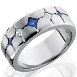 Style 103705: Cobalt Chrome 9mm Beveled Band with Flush Set Sapphires and Diamonds