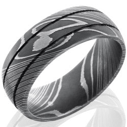 Style 103818: Damascus Steel 8mm Domed Band with Two .5mm Grooves