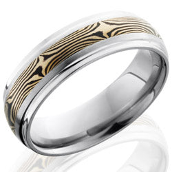 Style 103526: Titanium 7mm Domed Band with Grooved Edges and 14KW and Shakudo Mokume