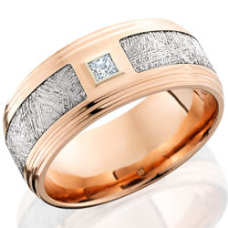 Style 103967: 14K Rose Gold 9mm Flat band with double grooved edges. Meteorite with a 10ct.