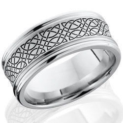 Style 103789: Cobalt Chrome 9mm concave band with rounded edges and laser carved Celtic 18 pattern