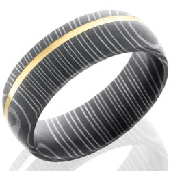Style 103810: Damascus Steel 7mm Domed Band with 1mm 14KY