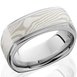 Style 103691: Cobalt Chrome 8.5mm Flat Band with Grooved Edges, Sterling Silver, Palladium Mokume