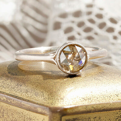 Bezel Set Scroll Solitaire Engagement Ring with Champagne Rose Cut Diamond Style 103365
