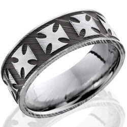 Style 103833: Damascus Steel 8mm Flat Band with Maltese Cross Pattern
