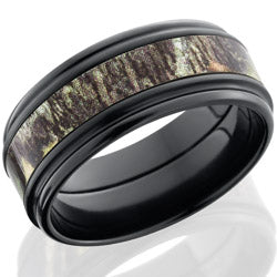 Style 103959: Zirconium 9mm flat band with rounded edges and 4mm MossyOak camo