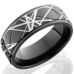 Style 103925: Zirconium 8mm Flat Band with Grooved Edges and Retro Pattern