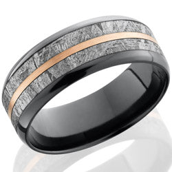 Style 103887: Zirconium 8mm beveled band with 5mm meteorite inlay and 1mm 14KR center