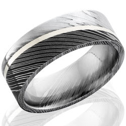 Style 103832: Damascus 8mm flat band with 1mm Sterling Silver set at an angle