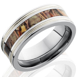 Style 103621: Titanium 8mm Flat Band with 3mm of Max4 Camo and Stelring Silver Milgrained Inlay