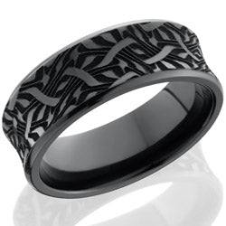 Style 103890: Zirconium 8mm concave beveled band with laser carved Escher 2 design