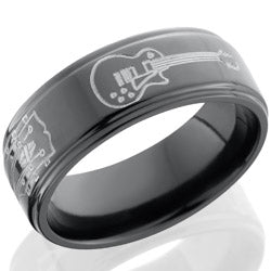 Style 103918: Zirconium 8mm flat band with grooved edges with milled guitar patterns