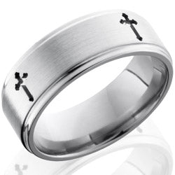 Style 103570: Titanium 8mm Flat Band with Grooved Edges and Cross Pattern
