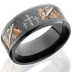 Style 103957: Zirconium 9mm Bevelved Band with 5mm of Realtree AP Camo and Three Crosses