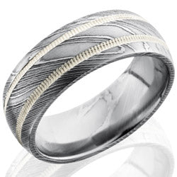 Style 103820: Damascus Steel 8mm Domed Band with 2mm Milgrained SS