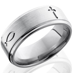 Style 103568: Titanium 8mm Flat Band with Grooved Edges and Cross Pattern