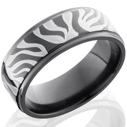 Style 103928: Zirconium 8mm Flat Band with Grooved Edges and Zebra Pattern