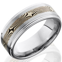 Style 103741: Cobalt Chrome 8mm Flat Band with Grooved Edges and 3mm Mokume Inlay