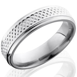 Style 103518: Titanium 6mm Flat Band with Grooved Edges and Weave Pattern
