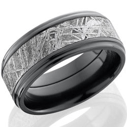 Style 103987: Zirconium 9mm flat band with grooved eges with 5mm meteorite center