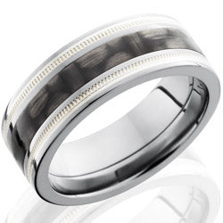 Style 103602: Titanium 8mm Flat Band with 3mm of Carbon Fiber and Milgrained SS Inlay