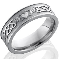 Style 103516: Titanium 6mm Flat Band with Claddagh Celtic Pattern